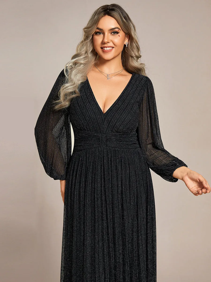 Plus Size Maxi Long Chiffon Waist  V Neck Wholesale Evening Dress with Long Sleeves