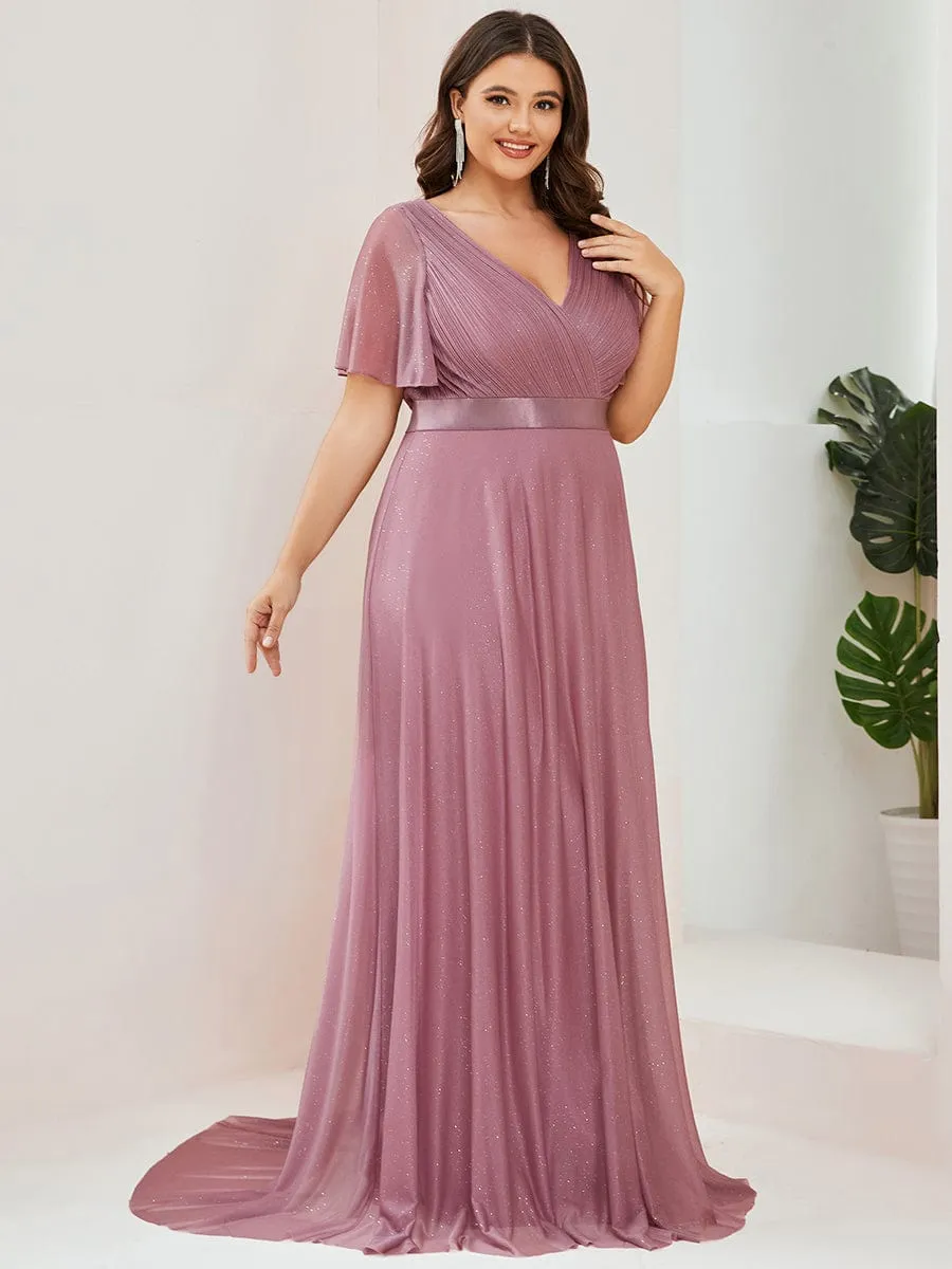 Plus Size V Neck Ribbon Waist Formal Evening Dress With Sleeves