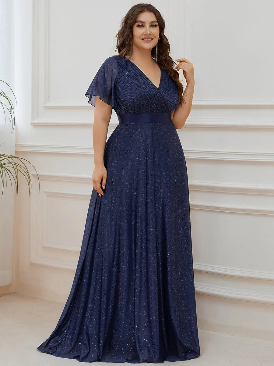 Plus Size V Neck Ribbon Waist Formal Evening Dress With Sleeves