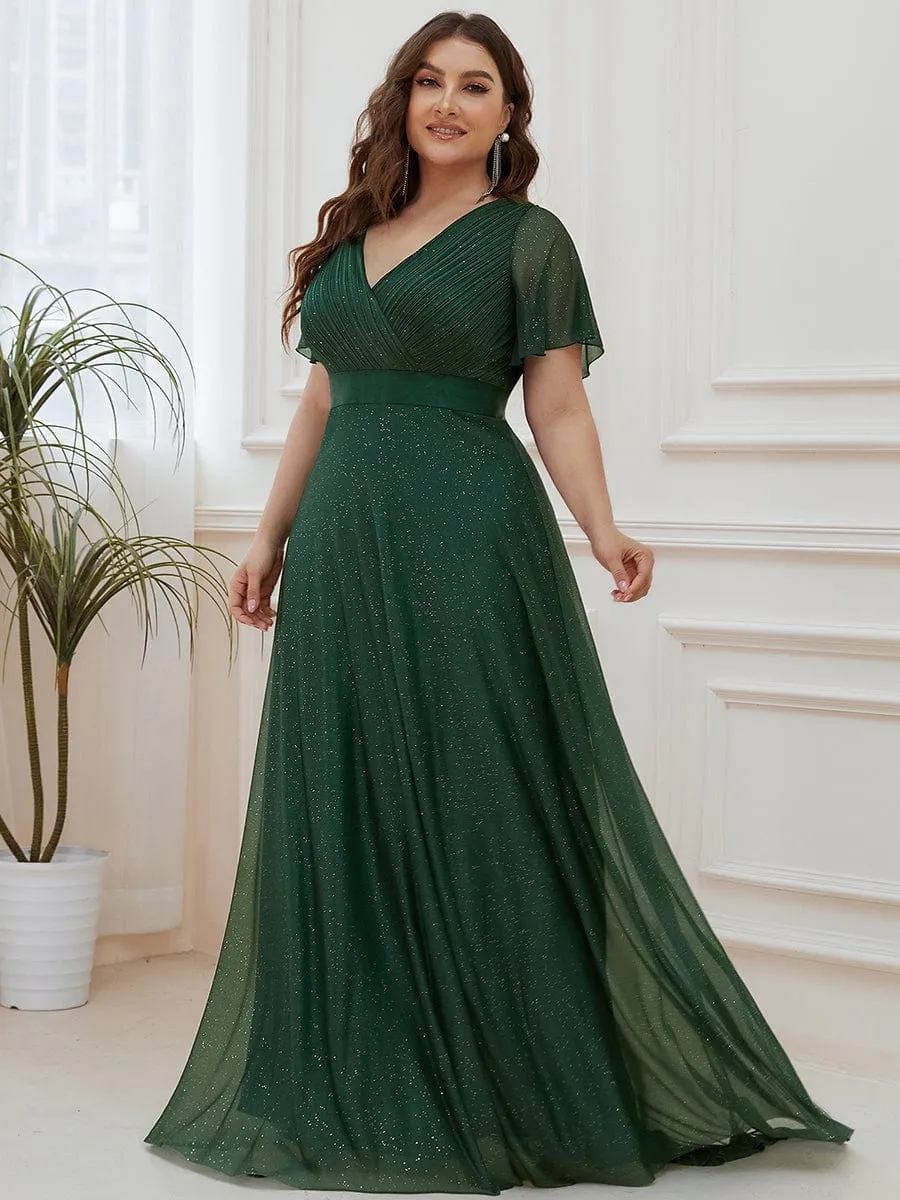 Plus Size V Neck Ribbon Waist Formal Evening Dress With Sleeves