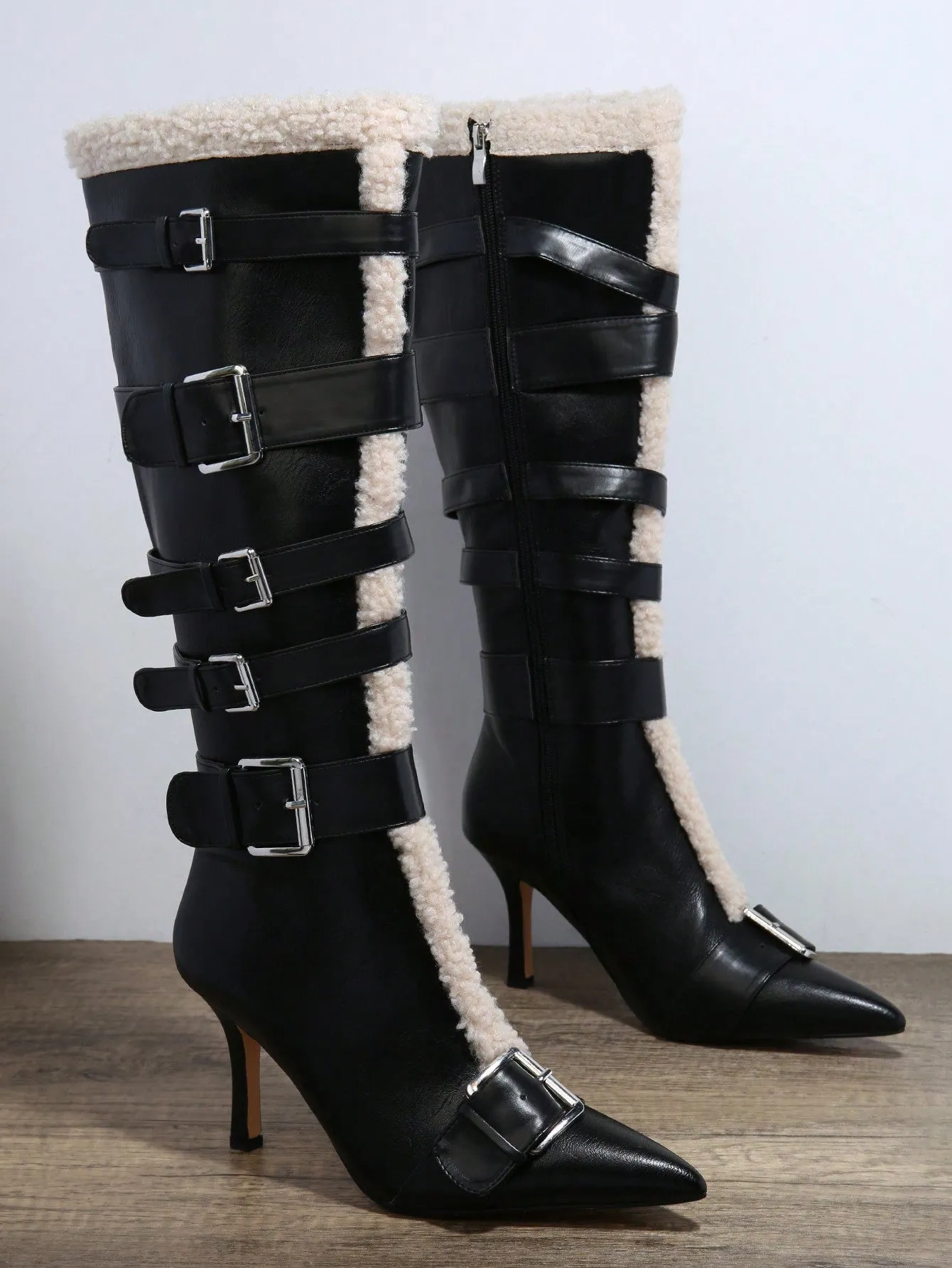 Pointed Toe Fuzzy Buckled Knee-High Boots