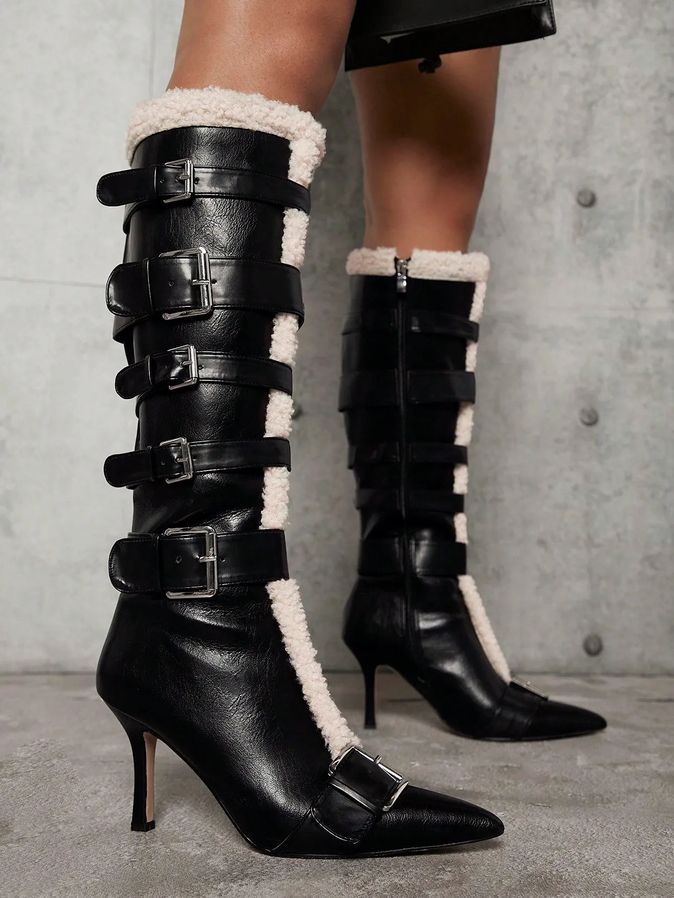 Pointed Toe Fuzzy Buckled Knee-High Boots