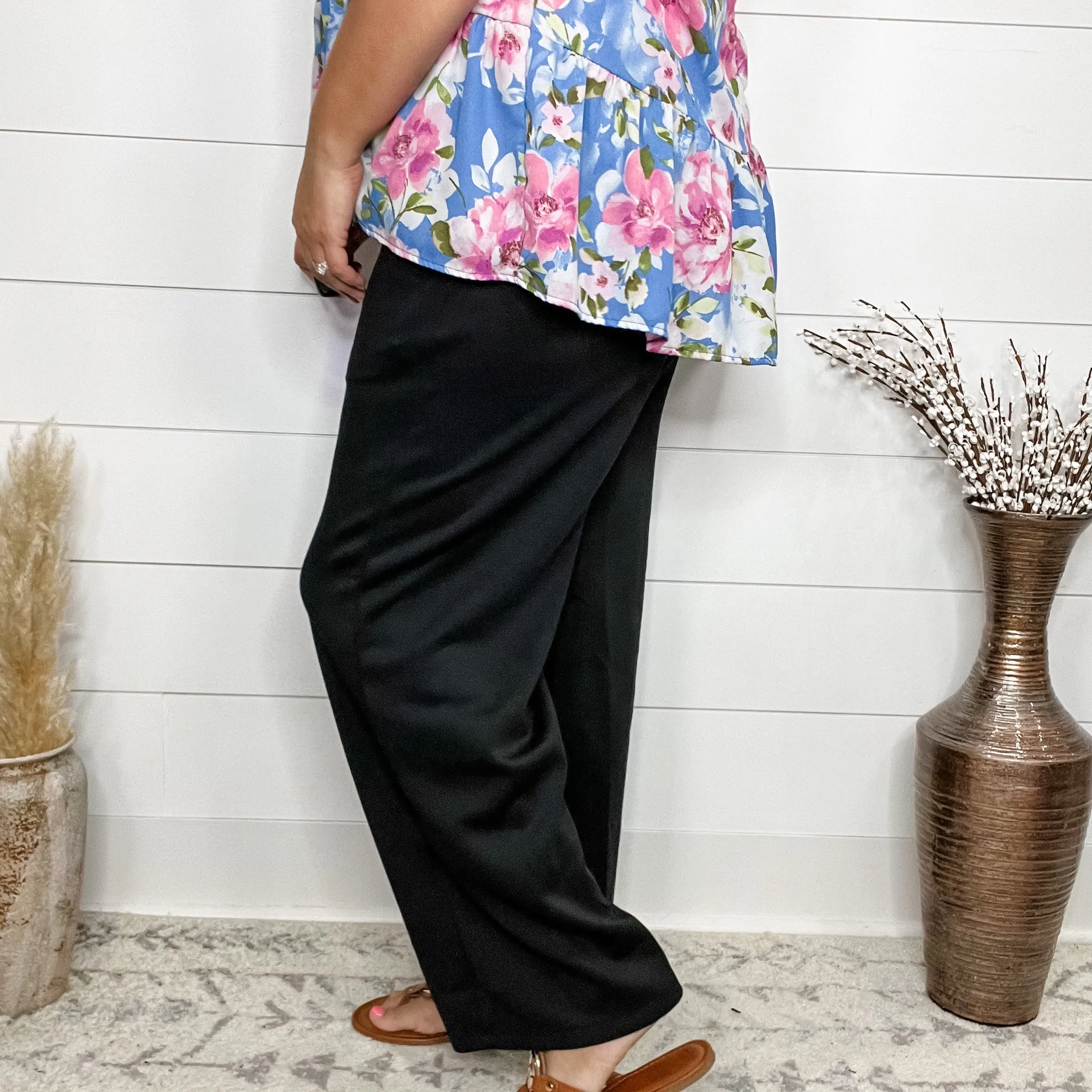 "In Flight" Wide Leg Open Bottom Casual Pants with Pockets (Black)