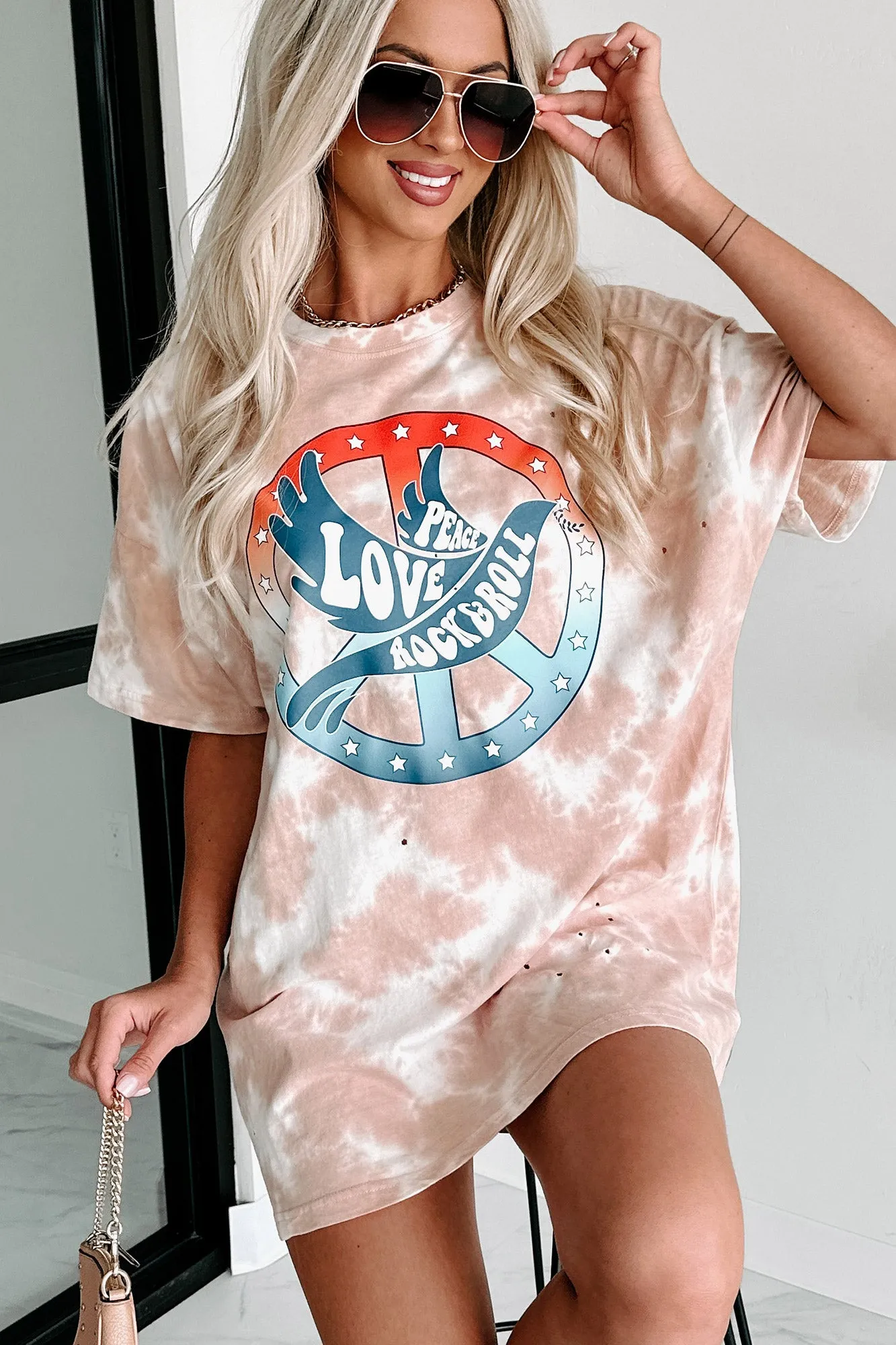 "Peace, Love, Rock & Roll" Oversized Distressed Tie-Dye Graphic T-Shirt (Pastel Pink) - Print On Demand