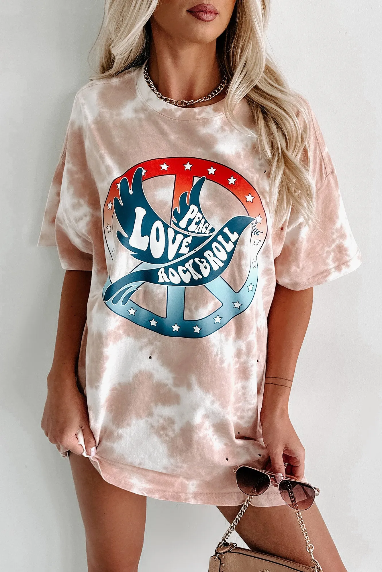 "Peace, Love, Rock & Roll" Oversized Distressed Tie-Dye Graphic T-Shirt (Pastel Pink) - Print On Demand