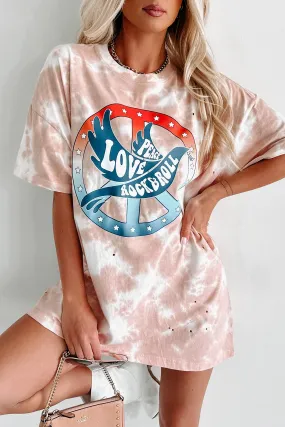 "Peace, Love, Rock & Roll" Oversized Distressed Tie-Dye Graphic T-Shirt (Pastel Pink) - Print On Demand