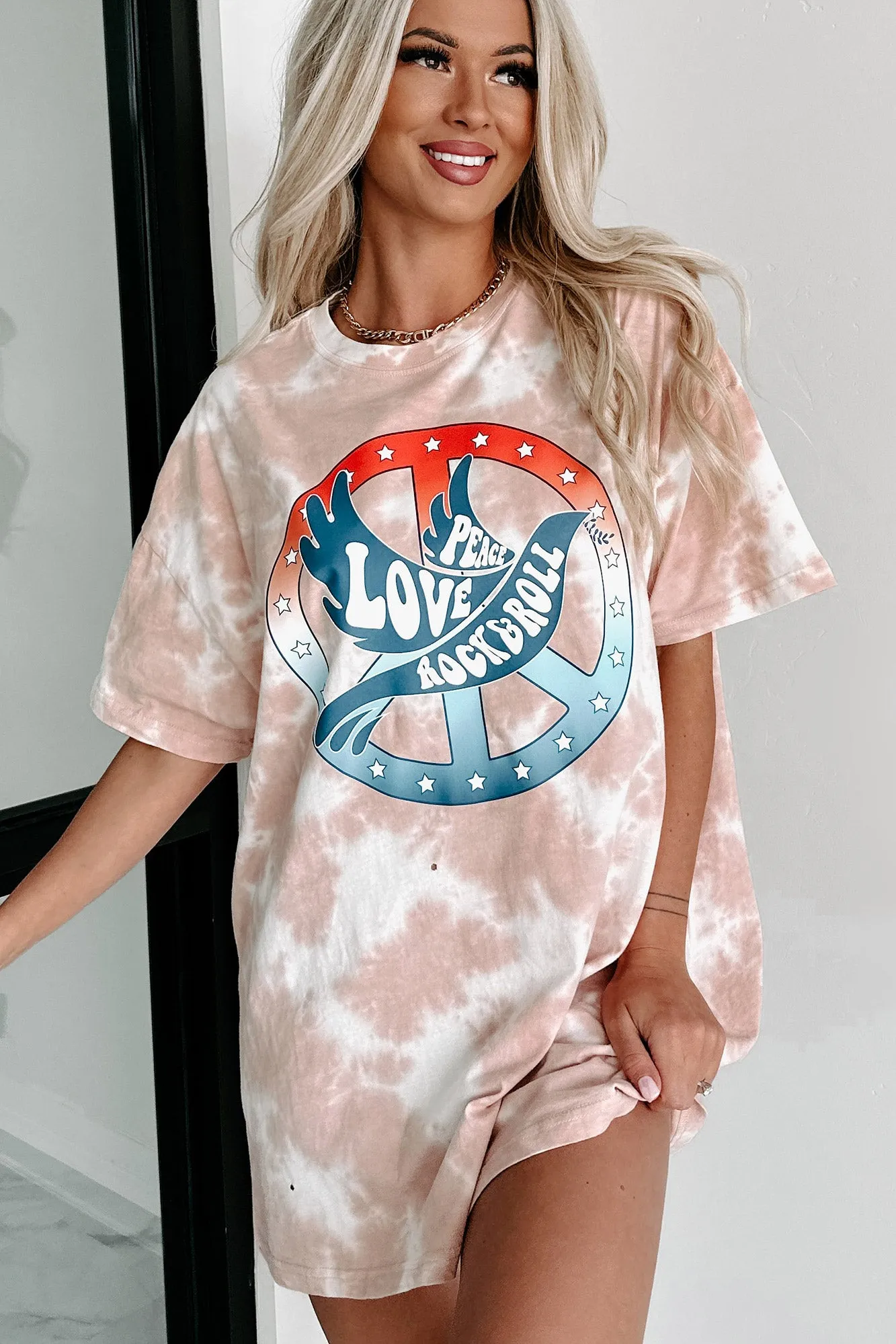 "Peace, Love, Rock & Roll" Oversized Distressed Tie-Dye Graphic T-Shirt (Pastel Pink) - Print On Demand