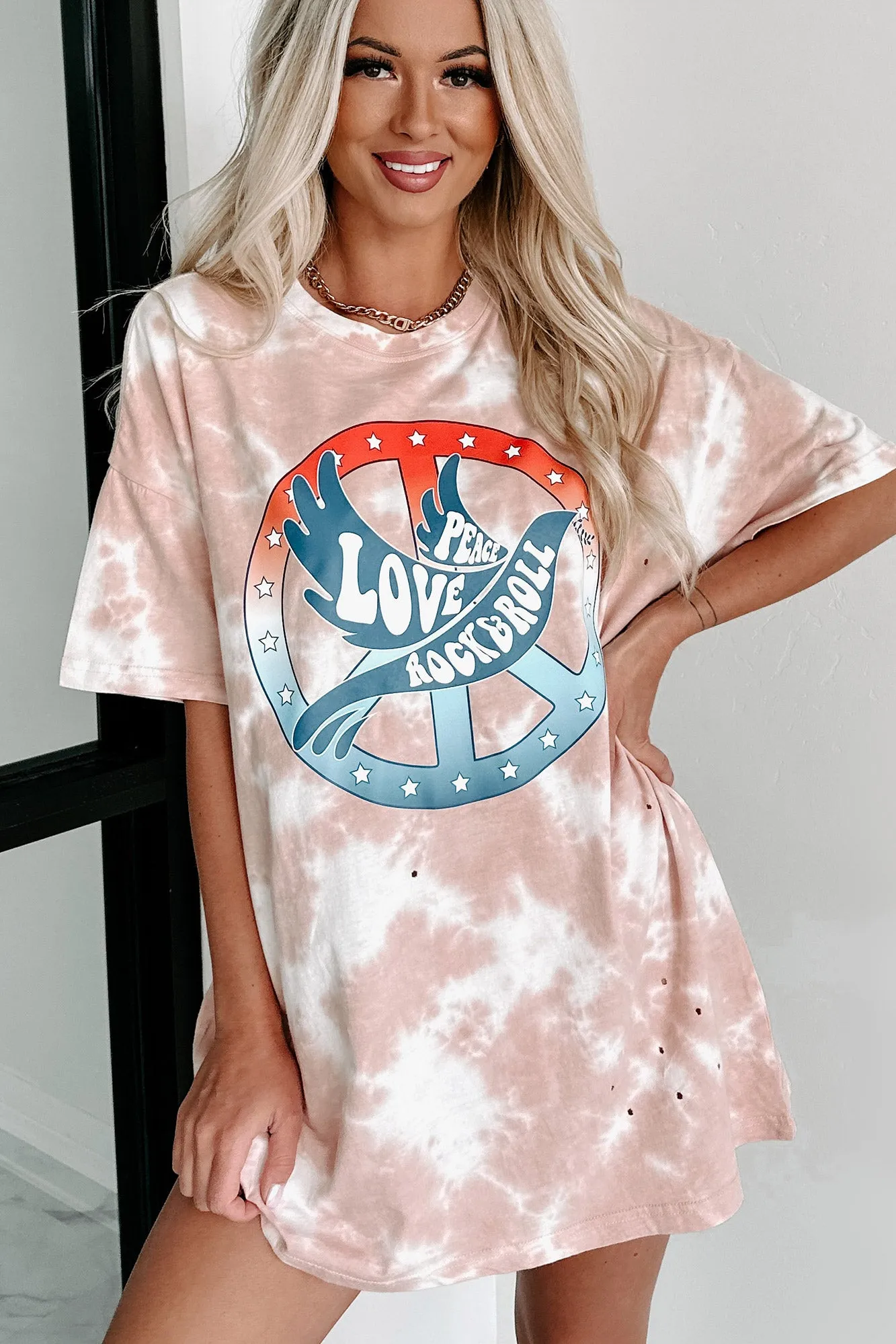 "Peace, Love, Rock & Roll" Oversized Distressed Tie-Dye Graphic T-Shirt (Pastel Pink) - Print On Demand