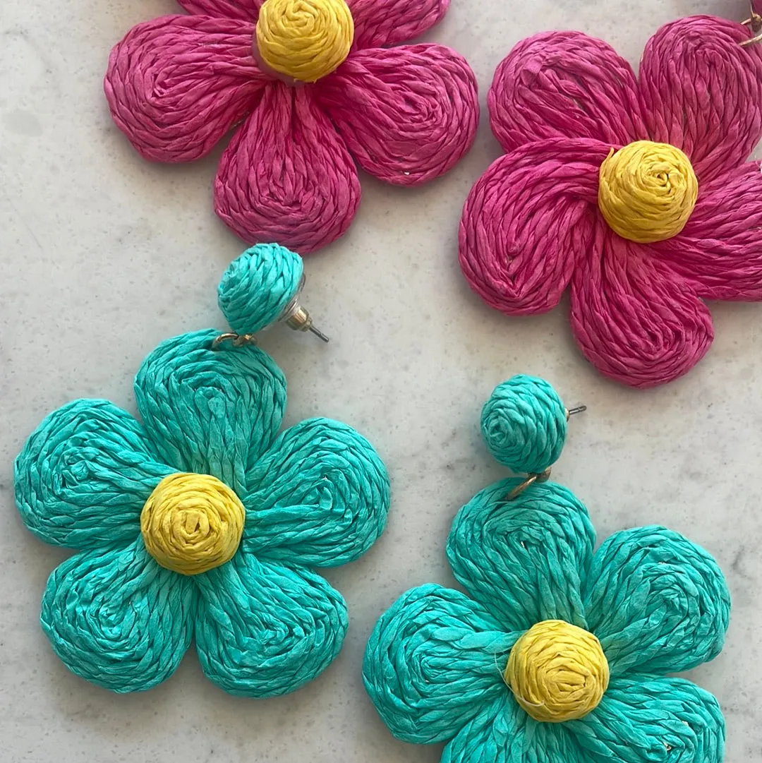 Raffia Flower Earrings - Green/ Yellowish