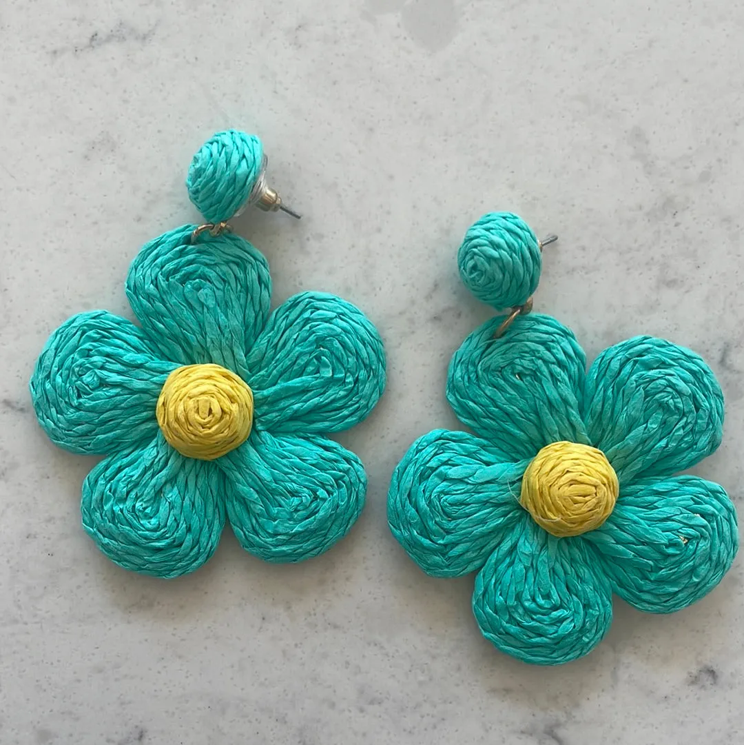 Raffia Flower Earrings - Green/ Yellowish