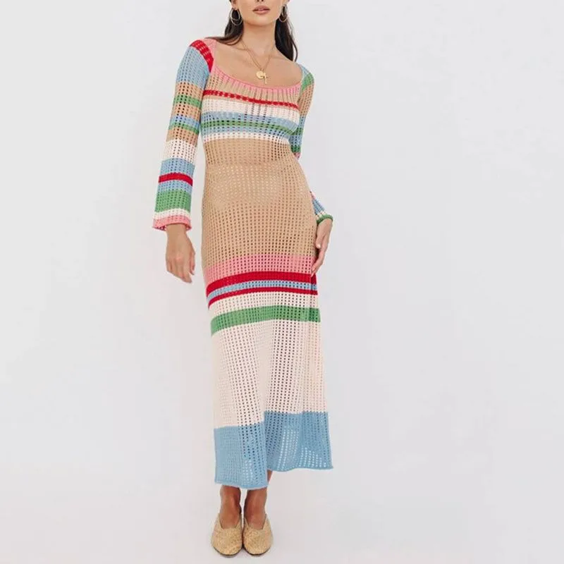 Rainbow Semi Sheer Weave Knitted Crochet Maxi Dress