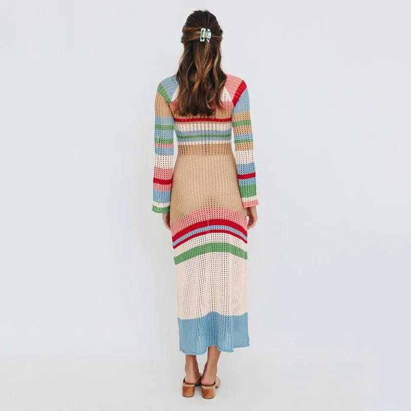 Rainbow Semi Sheer Weave Knitted Crochet Maxi Dress