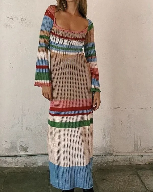 Rainbow Semi Sheer Weave Knitted Crochet Maxi Dress