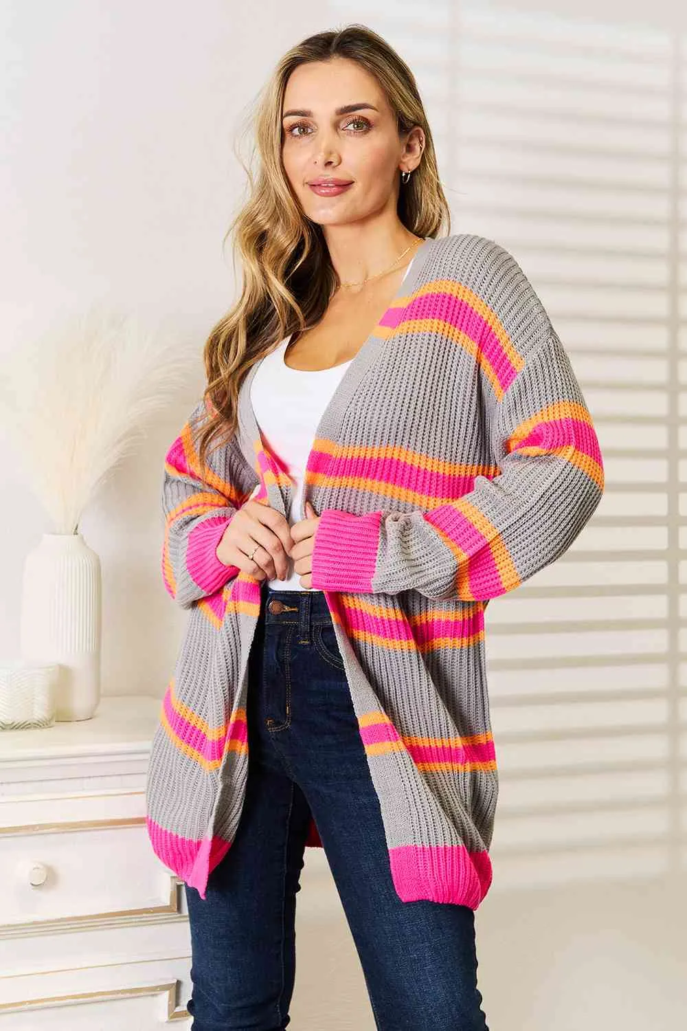 Ribbed Long Sleeve Cardigan in Charcoal