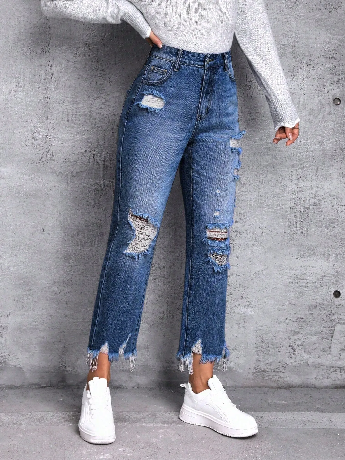 Ripped Raw Hem Ripped Straight Leg Jeans