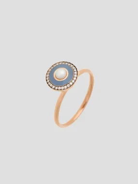 Round Enamel Ring in Pink Gold/Grey Enamel/Diamond/Pearl