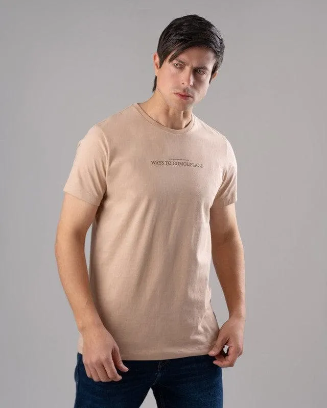 ROUND NECK PRINTED T-SHIRT - DARK BEIGE