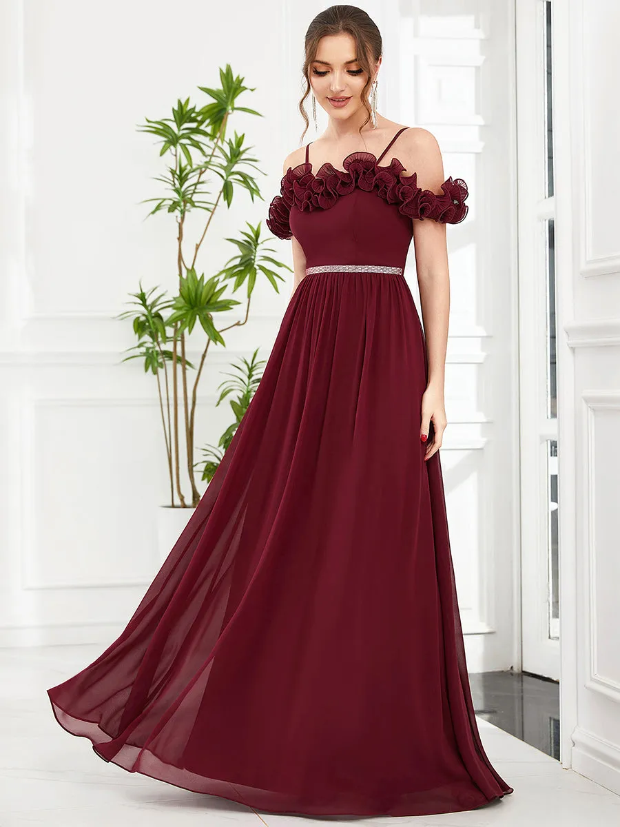 Ruffled Spaghetti Strap Off Shoulder Chiffon Wholesale Bridesmaid Dress