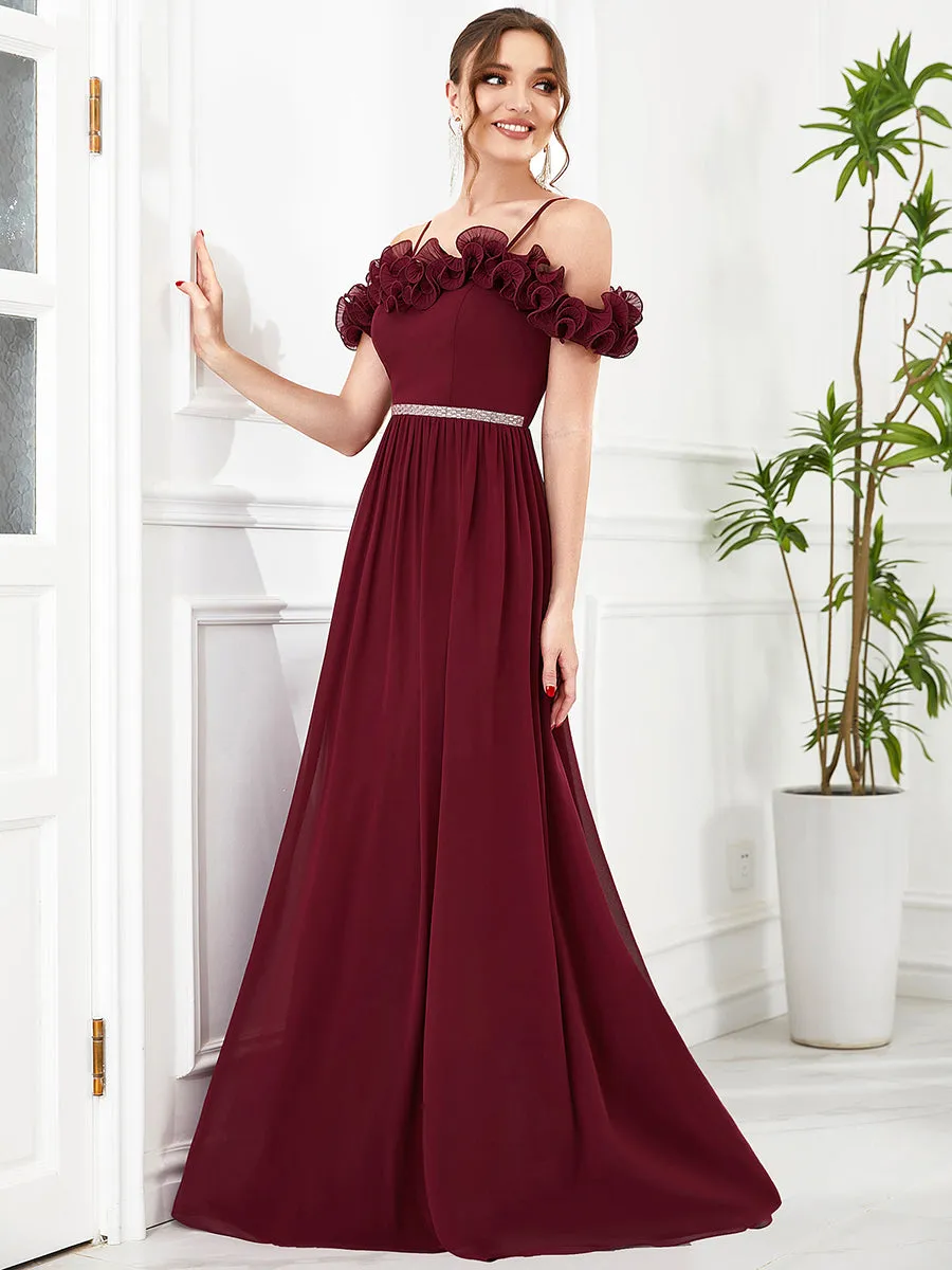 Ruffled Spaghetti Strap Off Shoulder Chiffon Wholesale Bridesmaid Dress