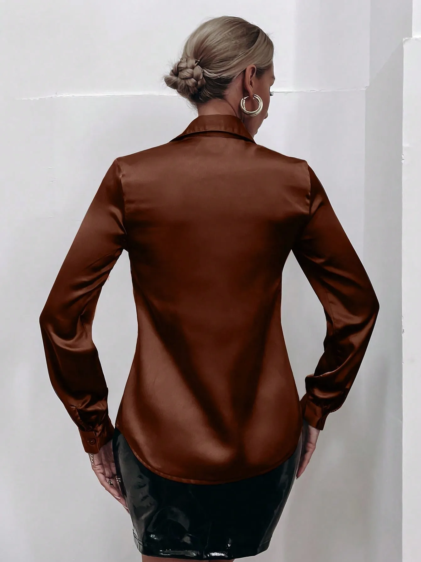 Satin Solid Button Front Shirt