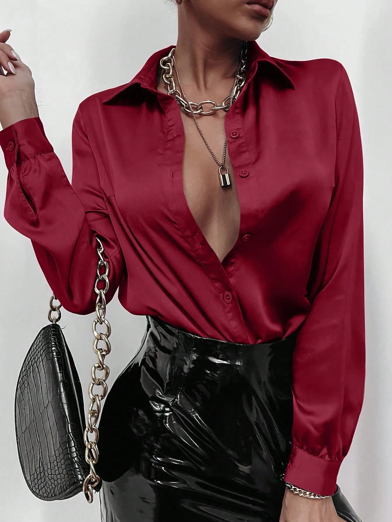 Satin Solid Button Front Shirt