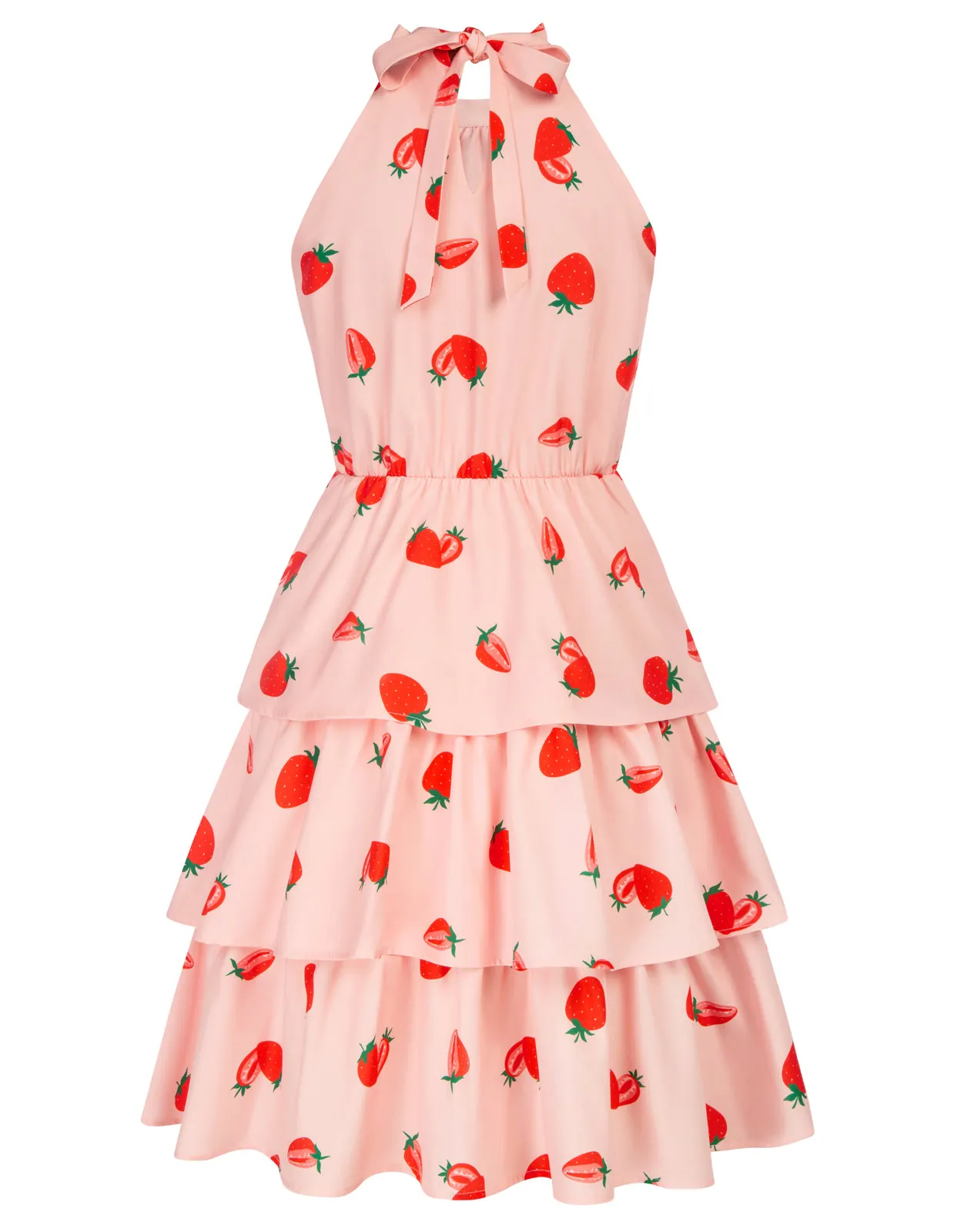 Seckill Offer⌛Strawberry Printed Elastic Waist Cake Dress Sleeveless Halterneck 3-Layer A-Line Dress