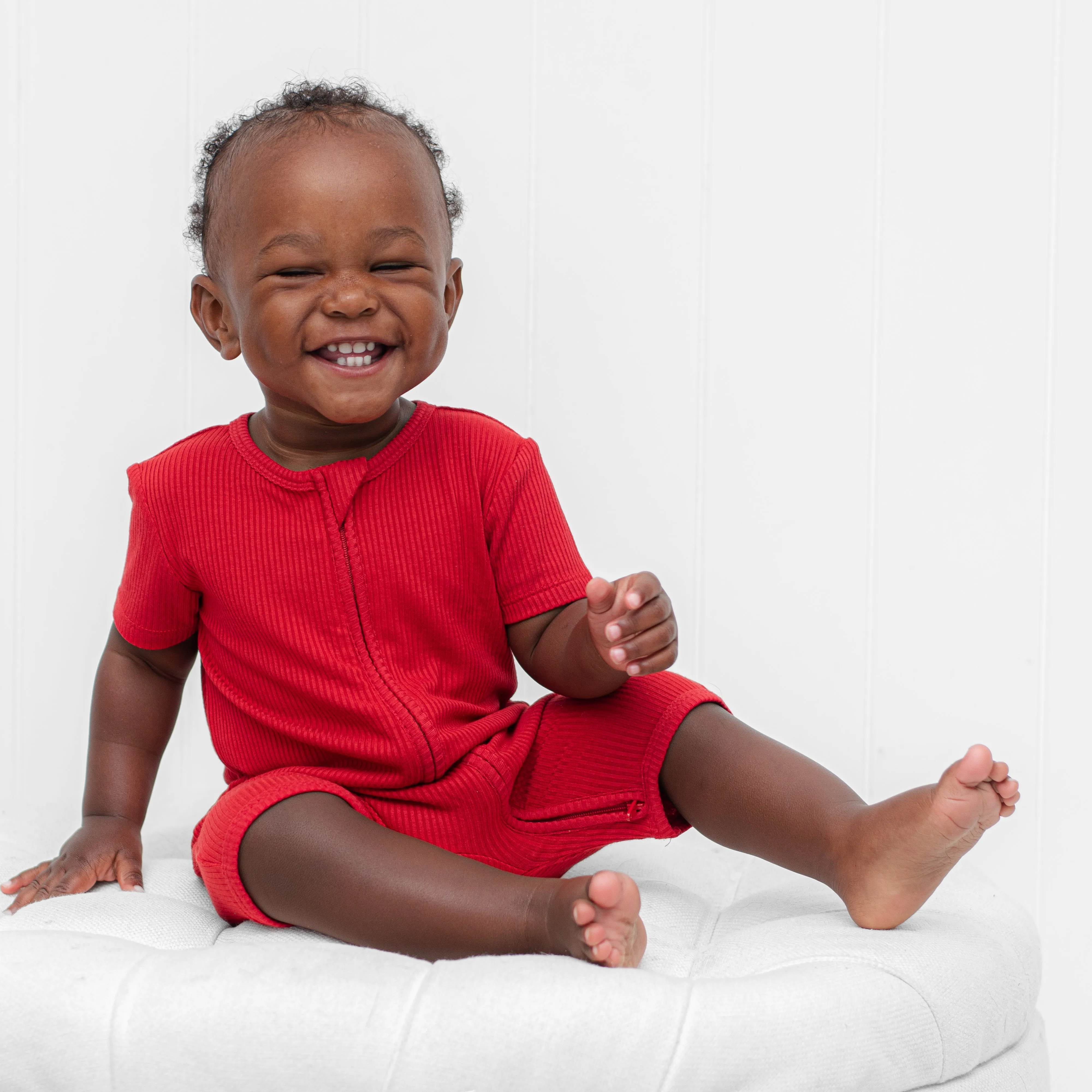 SHORTIE ZIP ROMPER - Red Ribbed