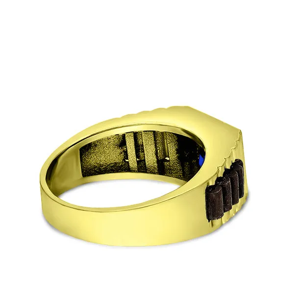 Solid 10k Yellow Gold Mens Ring Blue Sapphire Gemstone Modern Band Ring for Man