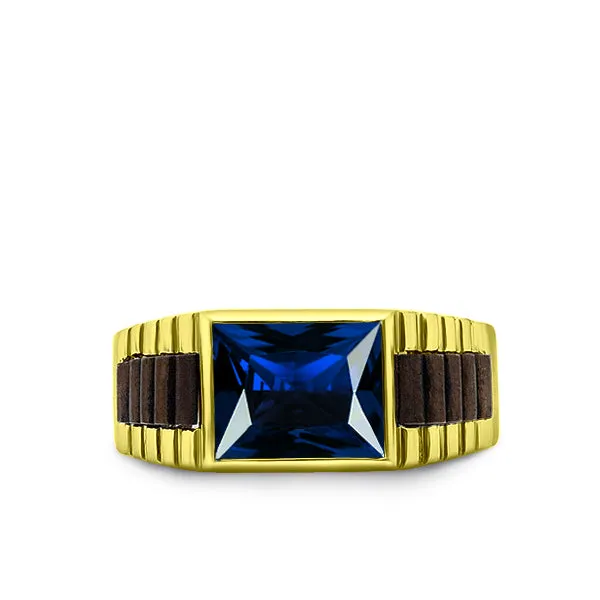 Solid 10k Yellow Gold Mens Ring Blue Sapphire Gemstone Modern Band Ring for Man