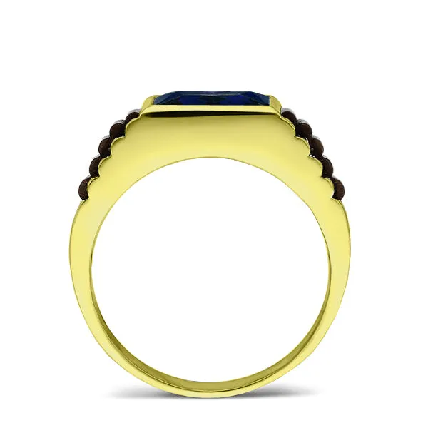 Solid 10k Yellow Gold Mens Ring Blue Sapphire Gemstone Modern Band Ring for Man