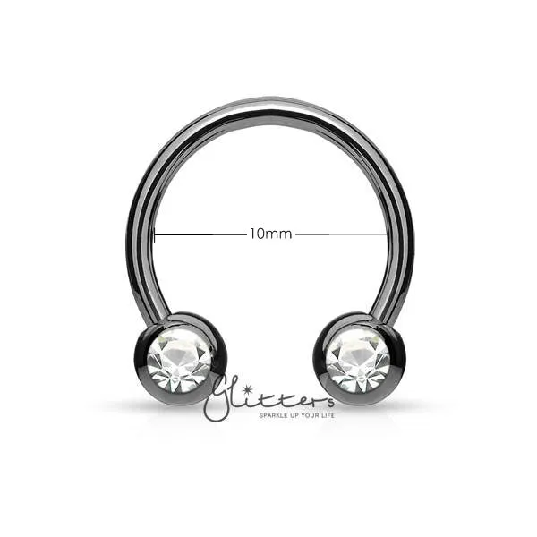 Surgical Steel Front Facing Jewel Set Balls Horseshoes Circular Barbell-Black