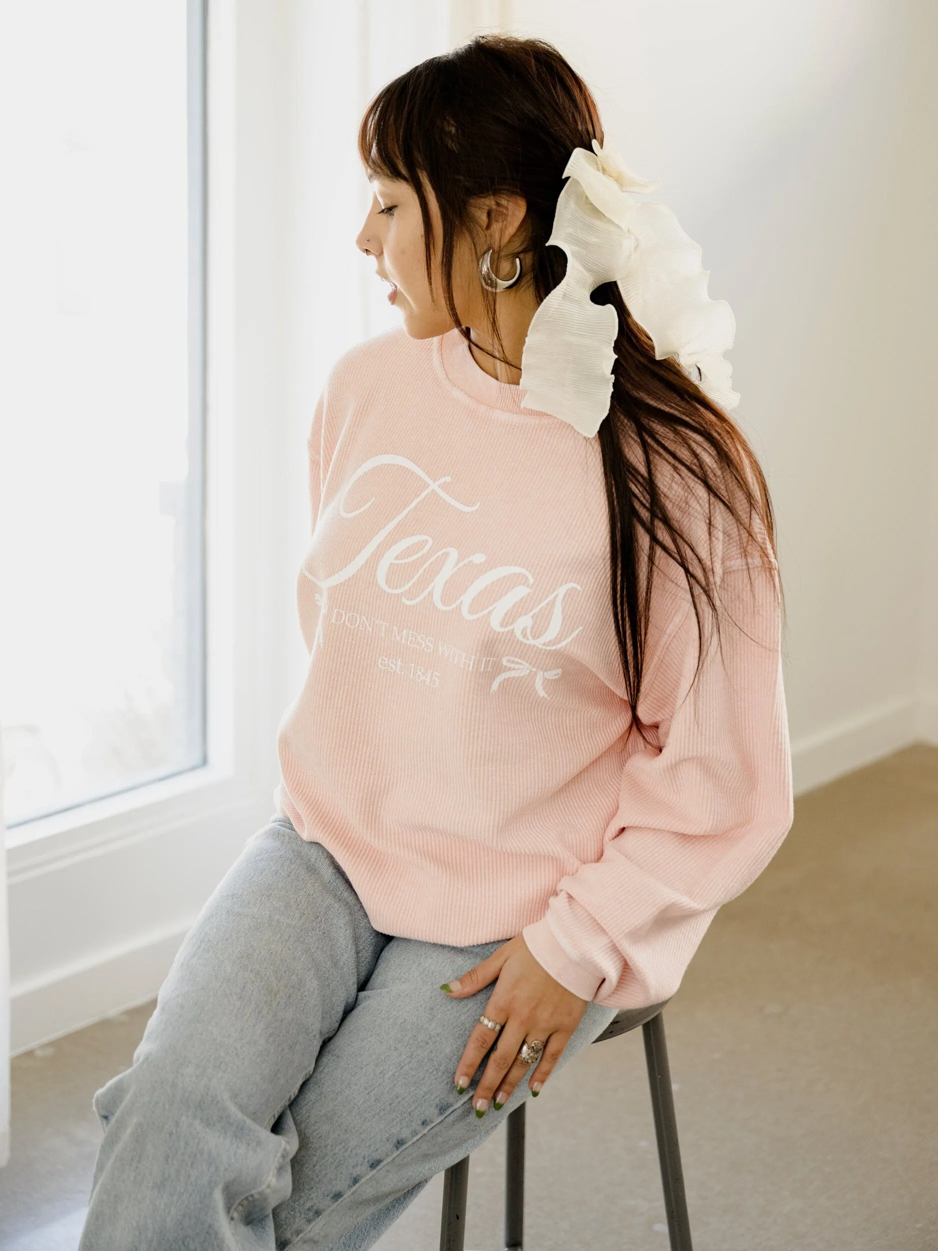 Texas Est. Bows Pink Corded Crew Sweatshirt