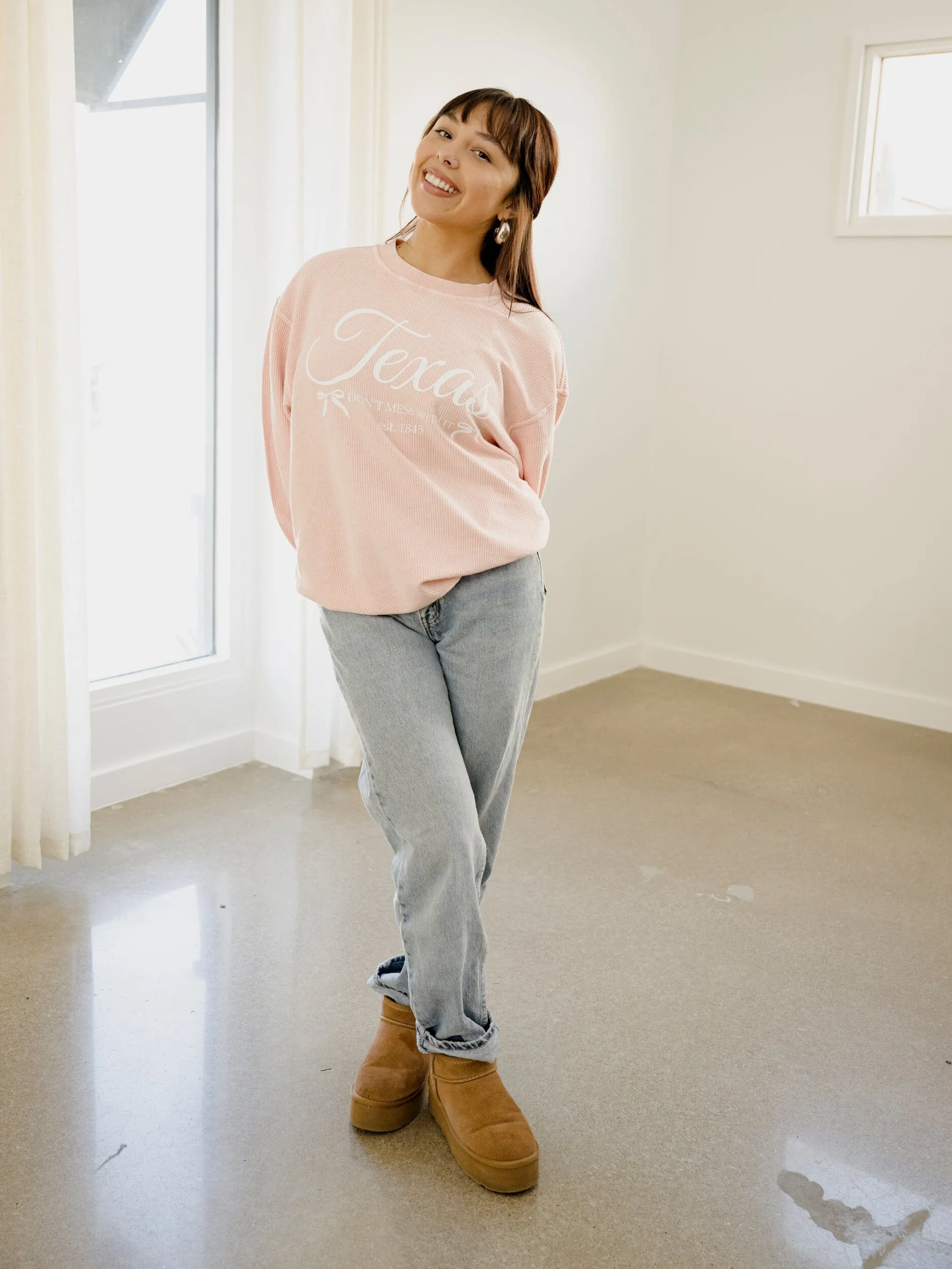 Texas Est. Bows Pink Corded Crew Sweatshirt