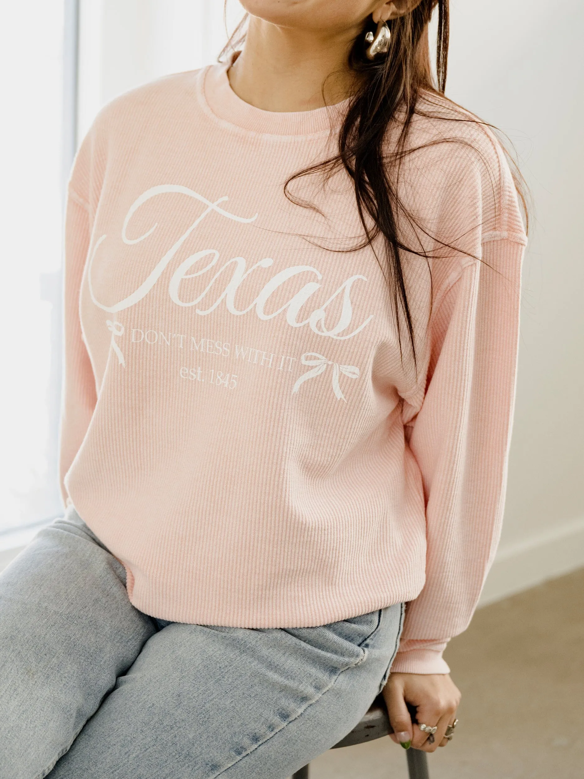 Texas Est. Bows Pink Corded Crew Sweatshirt