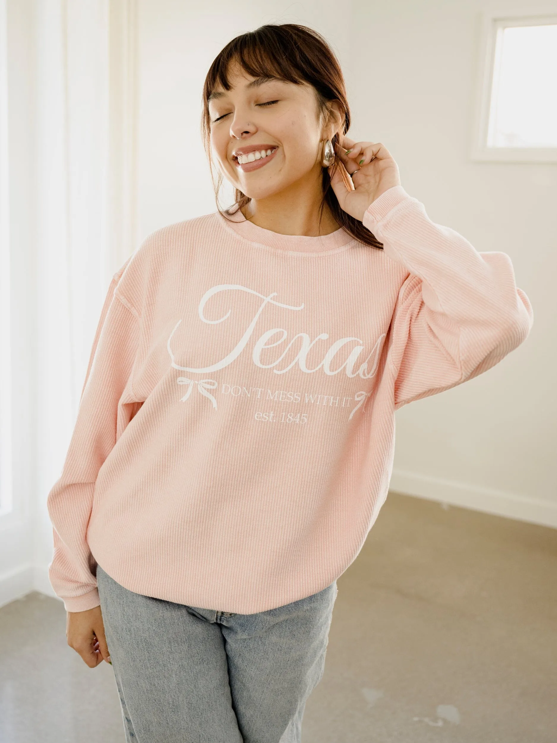 Texas Est. Bows Pink Corded Crew Sweatshirt