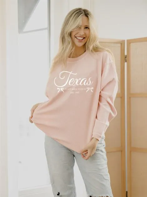 Texas Est. Bows Pink Corded Crew Sweatshirt