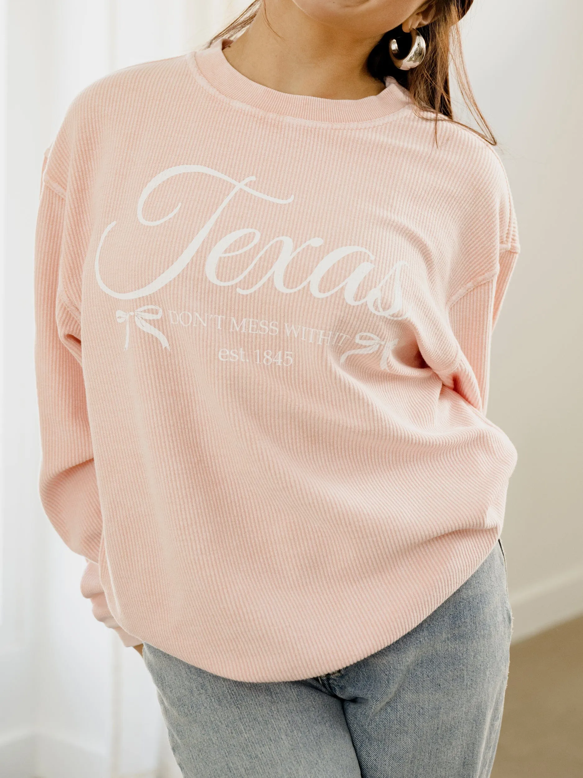 Texas Est. Bows Pink Corded Crew Sweatshirt