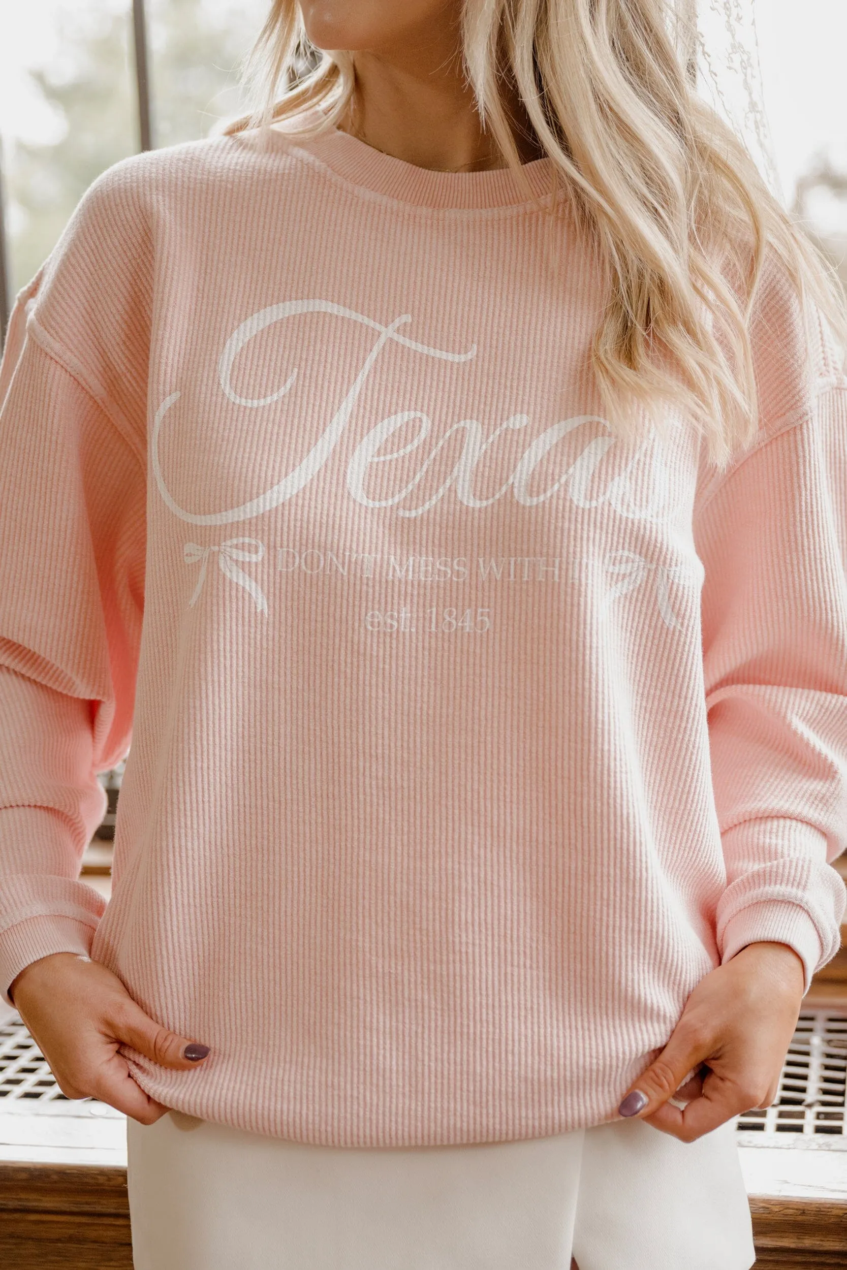 Texas Est. Bows Pink Corded Crew Sweatshirt