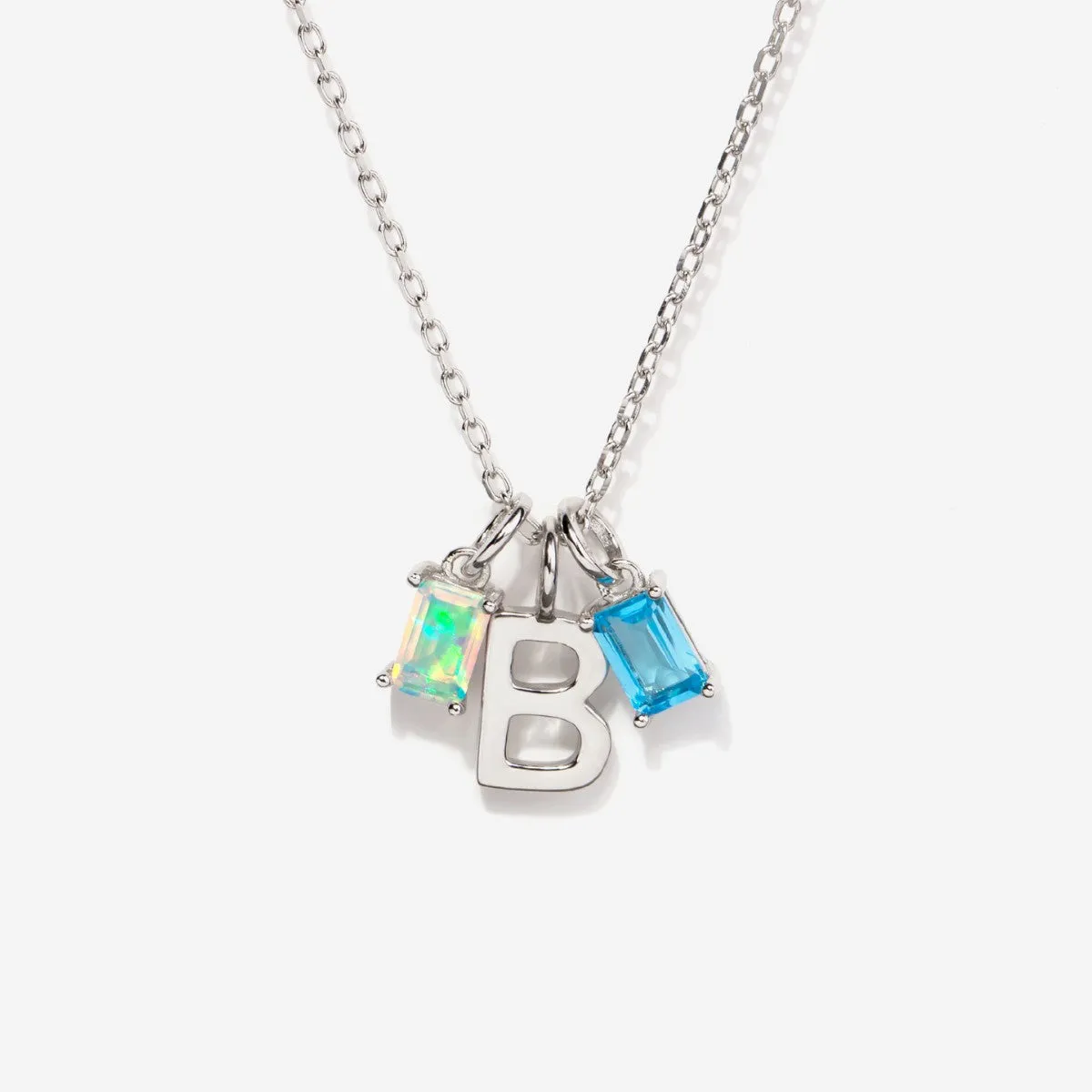 Two Birthstone Capital Initial Silver Necklace