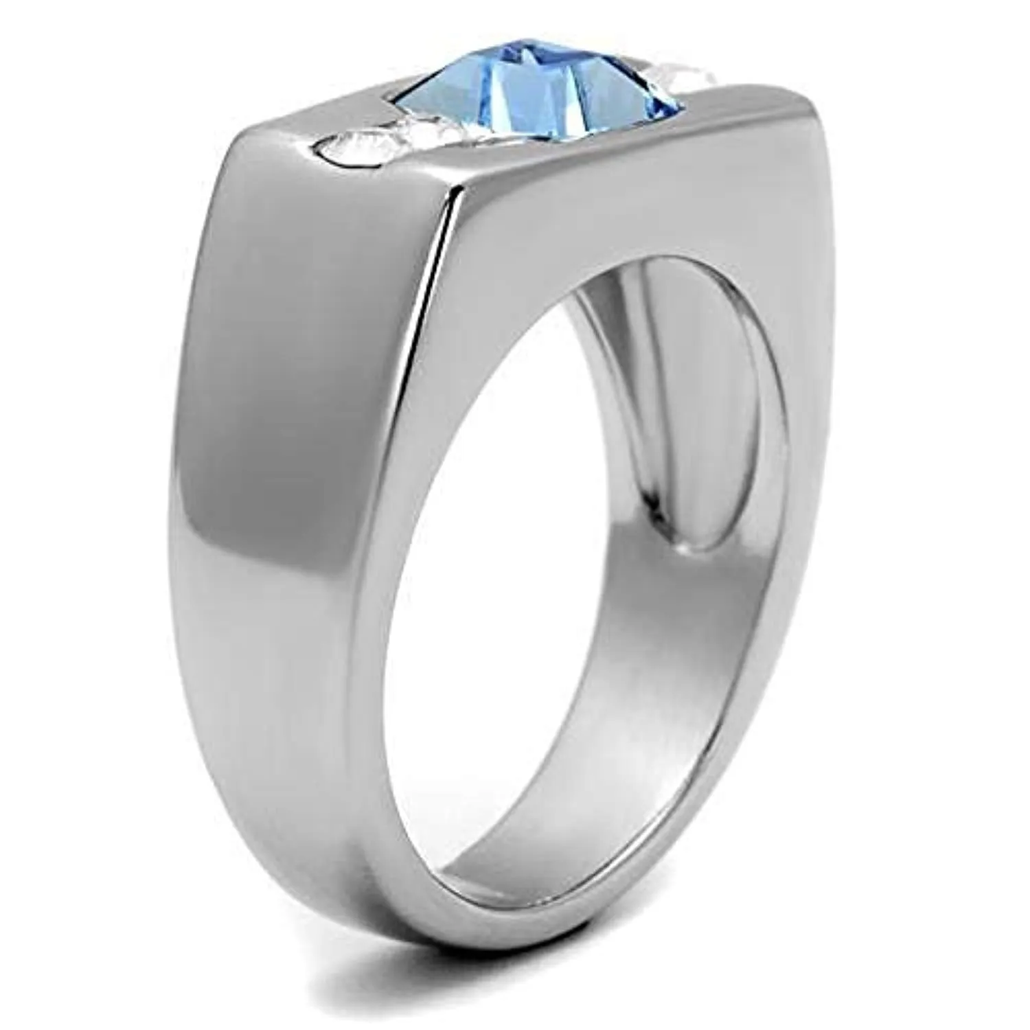 WildKlass Stainless Steel Ring High Polished Men Top Grade Crystal Aquamarine