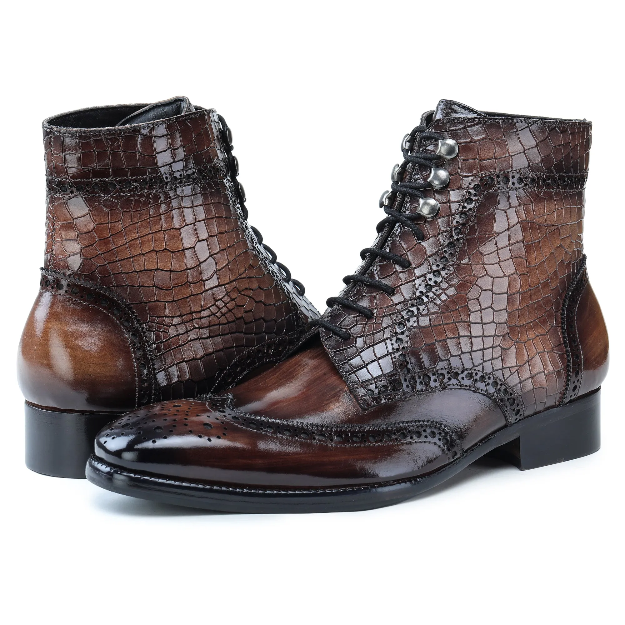 Wingtip Lace Up Boots- Croc Brown