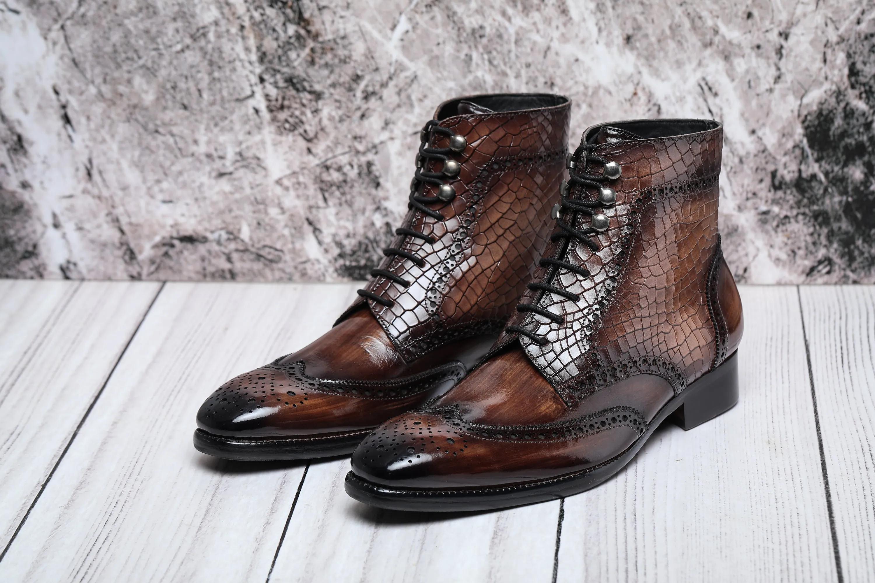 Wingtip Lace Up Boots- Croc Brown