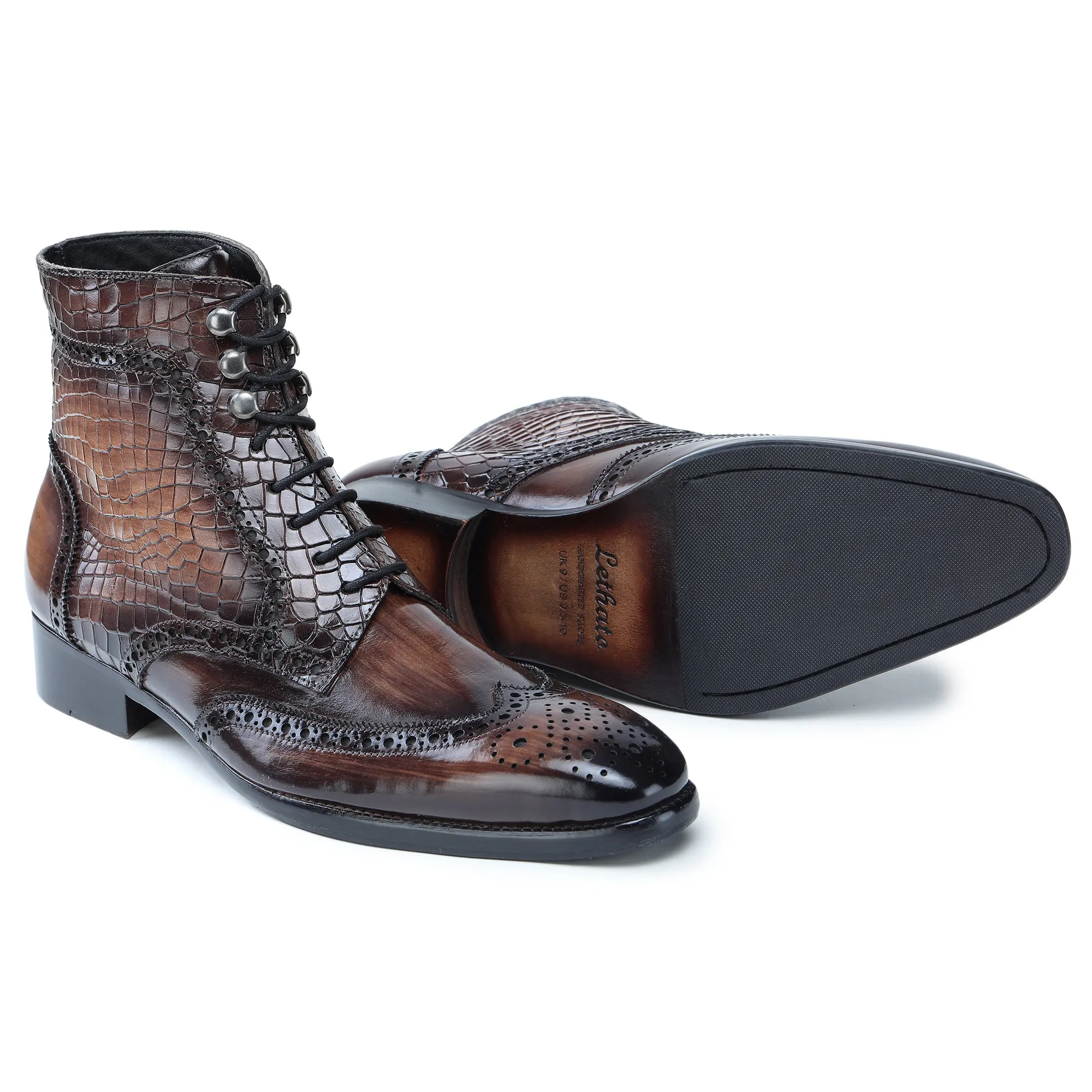 Wingtip Lace Up Boots- Croc Brown