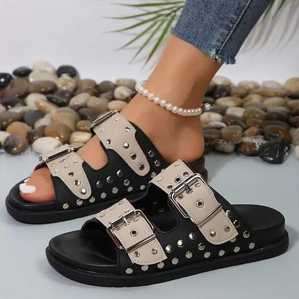 Women's Buckle Strap Perforated Flat Slide Sandals 58214633C