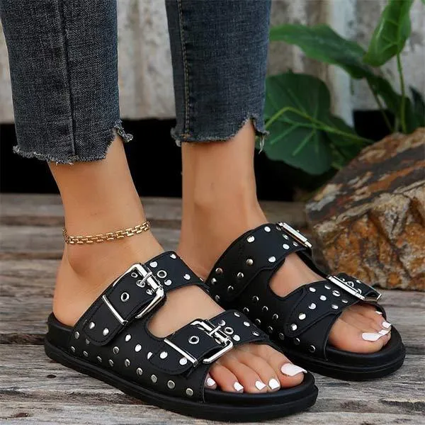 Women's Buckle Strap Perforated Flat Slide Sandals 58214633C