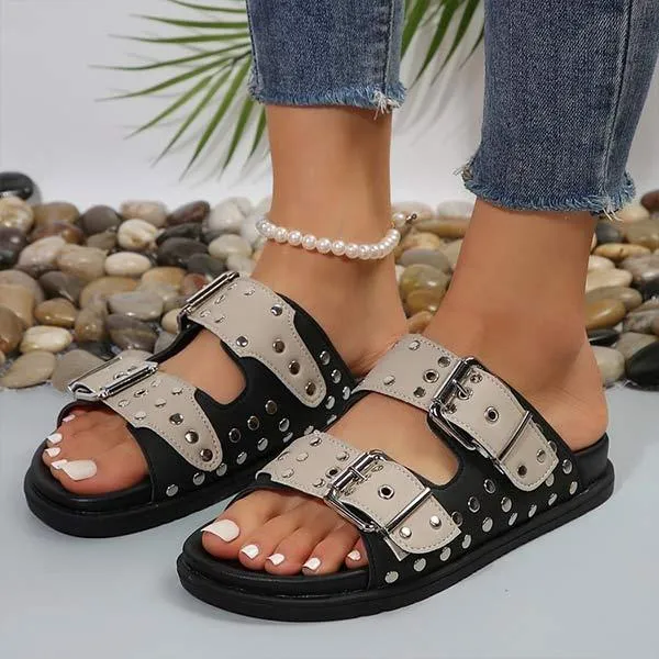 Women's Buckle Strap Perforated Flat Slide Sandals 58214633C