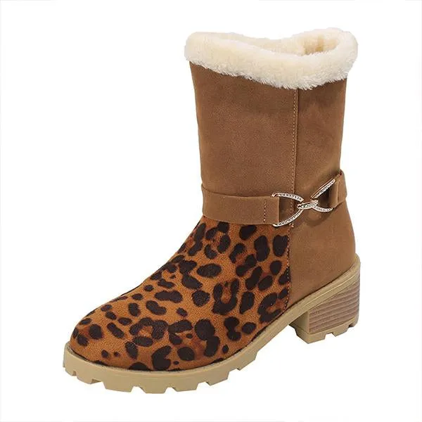 Women's Casual Leopard Print Buckle Block Heel Snow Boots 18161792S