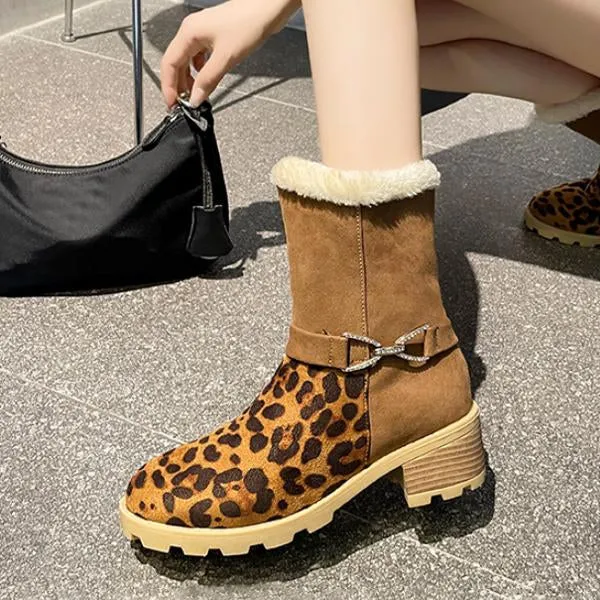 Women's Casual Leopard Print Buckle Block Heel Snow Boots 18161792S